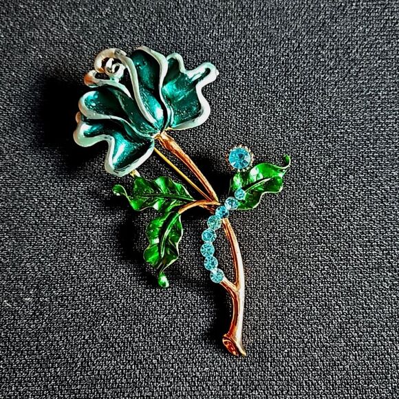 Funky Vintage Rose  & Rhinestone Pin Brooch - Picture 1 of 7